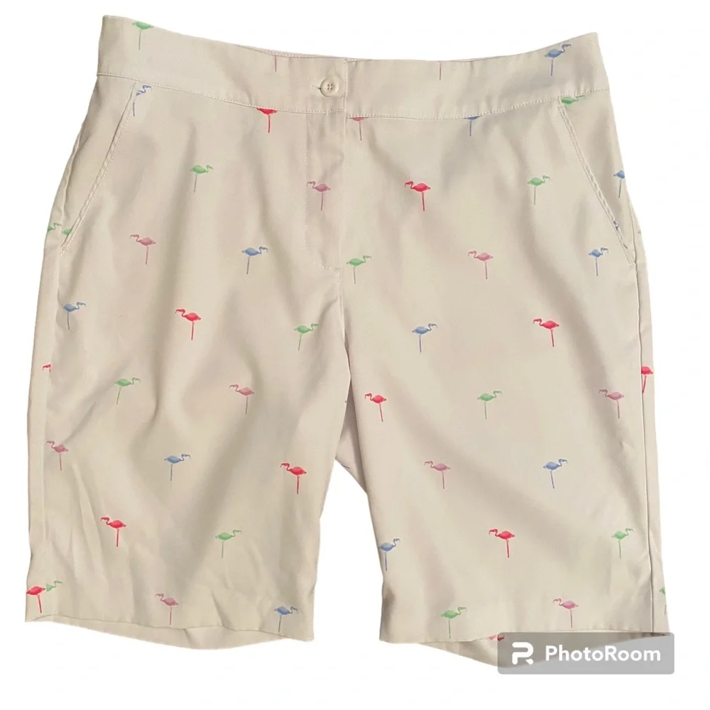 GREG NORMAN SHORTS BERMUDA ACTIVE WHITE FLAMINGO PRINT POCKETS FLAT FRONT SIZE 6